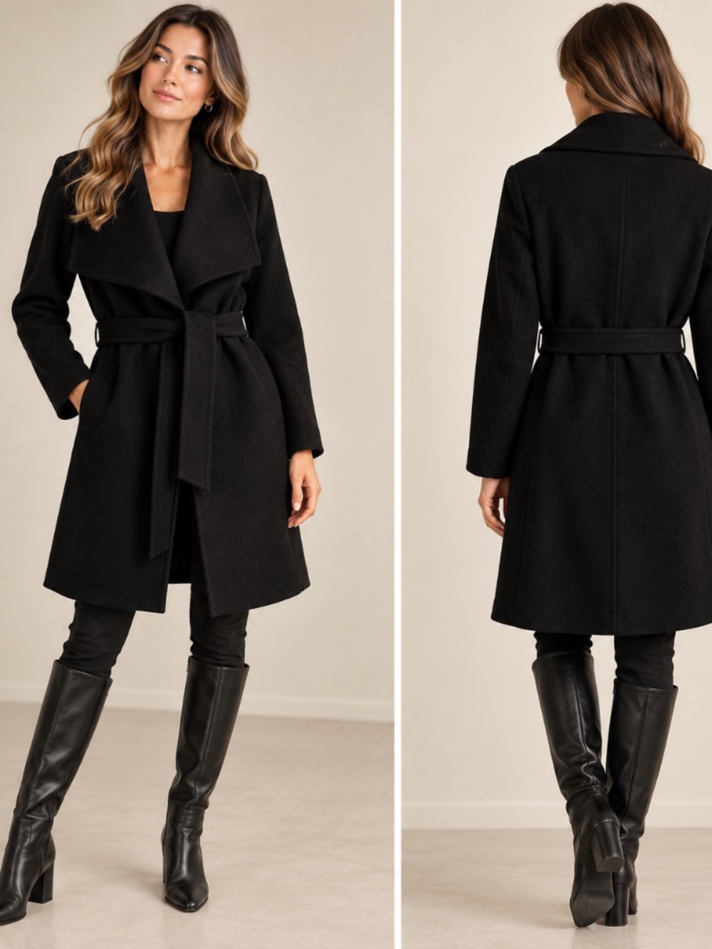 Tahari Black Handmade Belted Wrap Coat Waterfall Collar Size M
